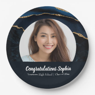 Custom Graduation Photo Marble Agate Blue Paper Plate
