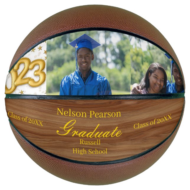 Custom Graduation Photos Gold Name Wood Basketball (Front)