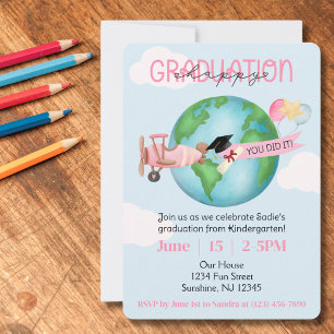 Custom Graduation,QR Code,Photo,Kid Pink Aeroplane Invitation
