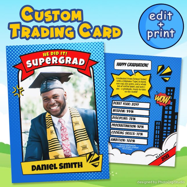Custom Graduation Trading Card, Graduation Comic  Calling Card (Editable Graduate Trading Card, Super Grad Comic Announcement Card)