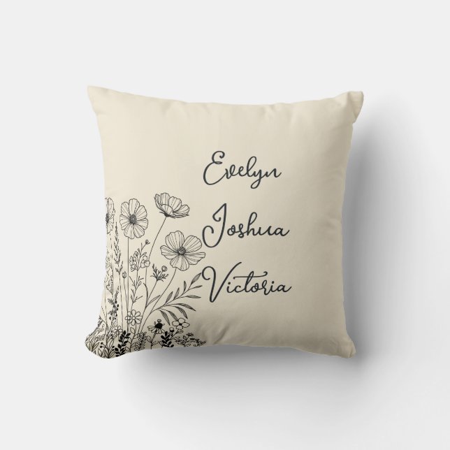 Custom Grandchildren Names Minimal Floral line art Cushion (Front)