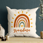 Custom Grandma Boho Earth Tone Rainbow Sun Cushion<br><div class="desc">The Custom Name Boho Earth Tone Rainbow Sun pillow is a unique and stylish piece of home decor that combines bohemian and earthy elements with a vibrant rainbow sun. In addition to the striking graphic, the throw pillow can also be customised with your own name and message, making it a...</div>