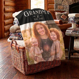 Custom Grandma Est Modern Black White Script Photo Fleece Blanket