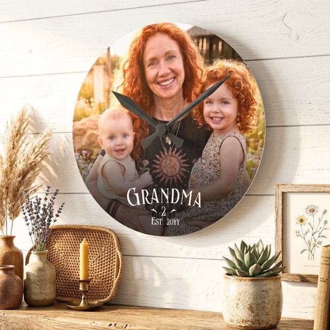 Custom Grandma Est Modern White Script Photo Round Clock (Creator Uploaded)