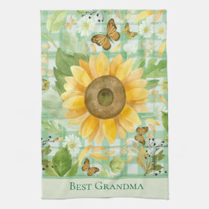 Custom Grandma Green Gingham Sunflower Butterfly Tea Towel