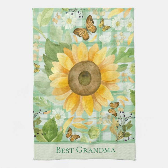 Custom Grandma Green Gingham Sunflower Butterfly Tea Towel (Vertical)