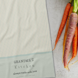 Custom Grandma's Kitchen Cream & Pale Blue Striped Tea Towel
