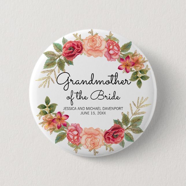 Custom Grandmother of the Bride Pink Red Floral 6 Cm Round Badge (Front)
