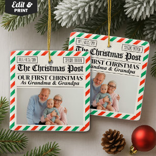 Custom Grandparents Our First Christmas Newspaper Ceramic Ornament