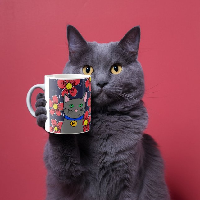 custom gray cat with flowers personalize initial  coffee mug (Creator Uploaded)