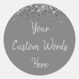 Custom Gray & Silver Glitter Birthday Party Favor Classic Round Sticker