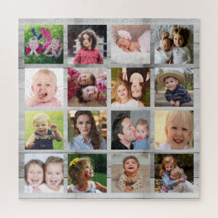 Custom Gray Wood 16 Square Family Photo Collage Jigsaw Puzzle