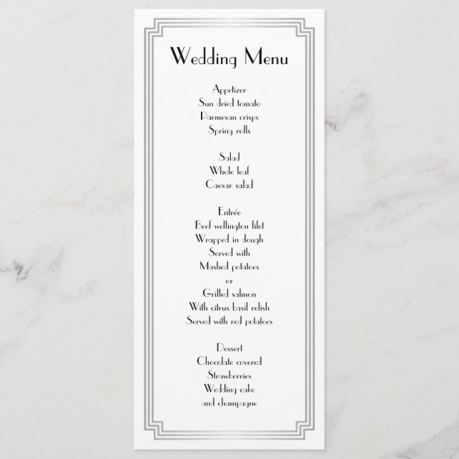 Custom Great Gatsby Art Deco Silver Wedding Menu (Front)