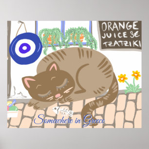 Custom Greek Taverna Cat Mediterranean Scene Poster