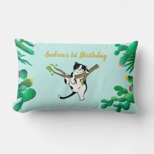 Custom Green 1st Birthday Cat Greenery Kids  Lumbar Cushion