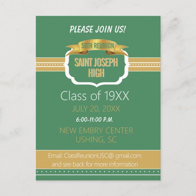 Custom Green 50th Class Reunion Invite Postcard (Front)