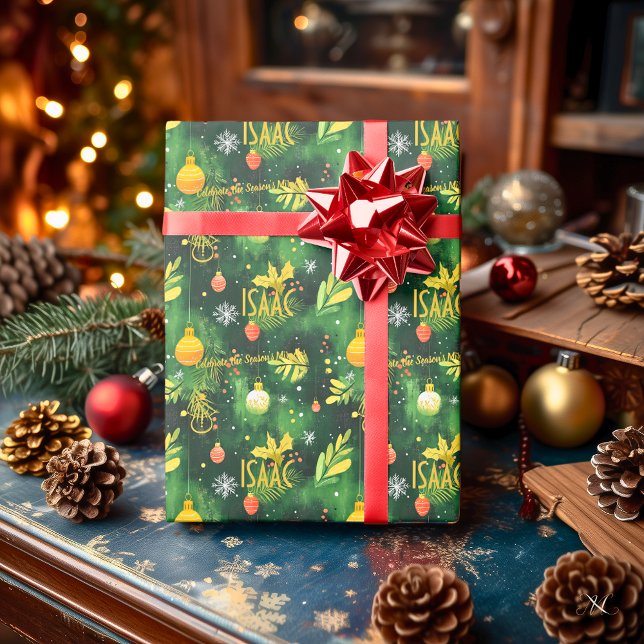 Custom Green and Gold Holiday Ornaments Wrapping Paper (Creator Uploaded)