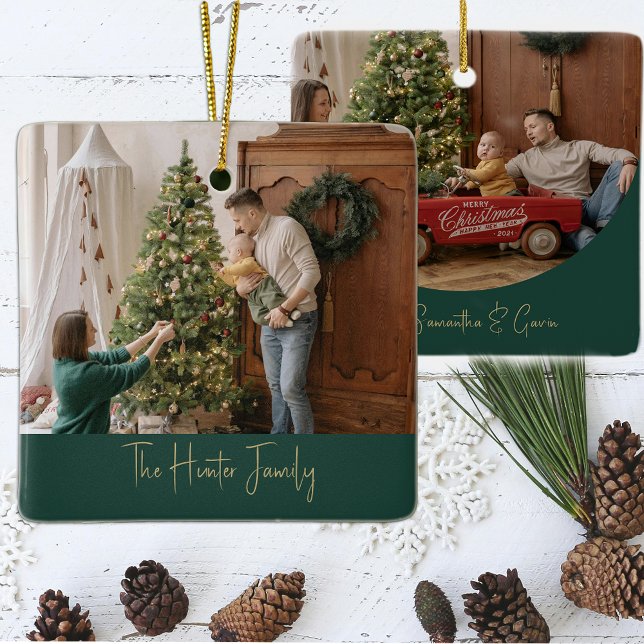 Custom Green and Gold Minimalist Arch Family Photo Ceramic Ornament (Creator Uploaded)