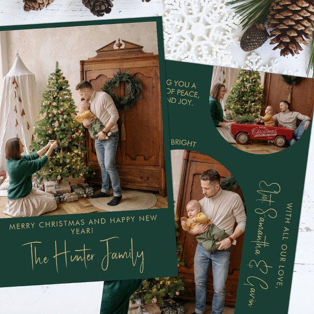 Custom Green And Gold Minimalist Arch Family Photo Holiday Card (Creator Uploaded)