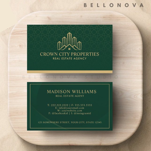 Custom Green And Gold Pattern Real Estate Agent Business Card (Custom Green And Gold Pattern Real Estate Agent Business Card)