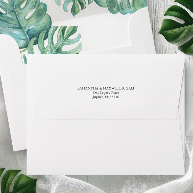 Custom Green and White Watercolor Envelope (Return address envelopes watercolor monstera palm leaves liner art by Victoria Grigaliunas)