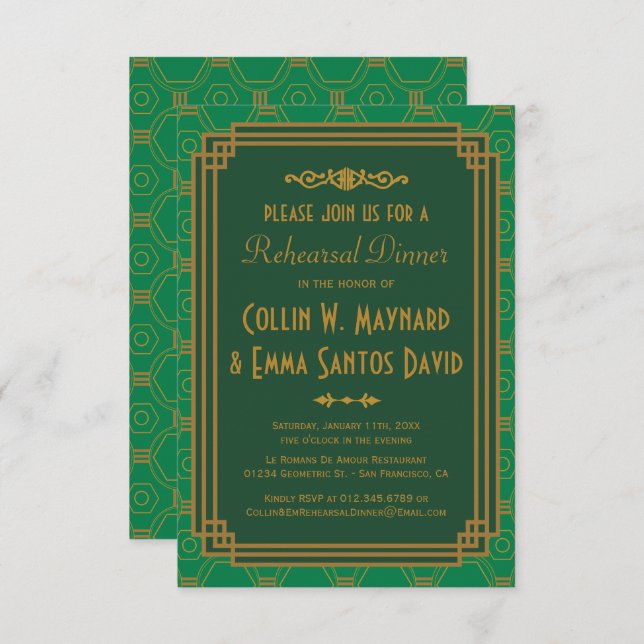 Custom Green Art Deco Rehearsal Dinner Invites (Front/Back)