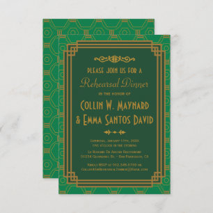 Custom Green Art Deco Rehearsal Dinner Invites