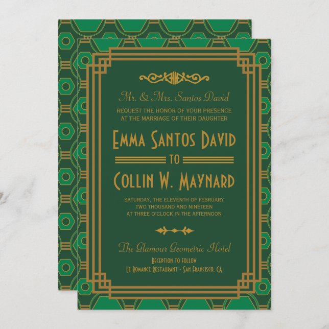 Custom Green Art Deco Wedding Invites (Front/Back)