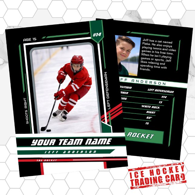 Custom Green & Black Ice Hockey Player Card (Turn your young hockey player into a real collectible trading card. Customize photo, stats & team.)