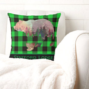 Custom Green Buffalo Plaid Bear Wilderness Cushion