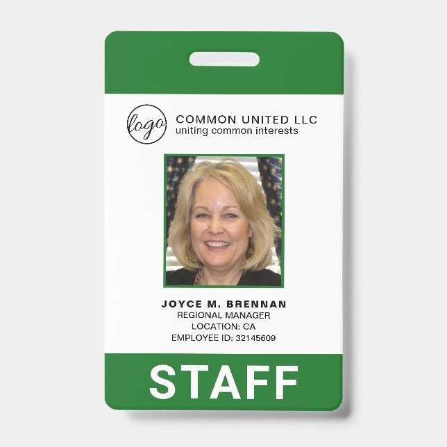Custom Green Business Logo Employee Photo ID Badge (Front)