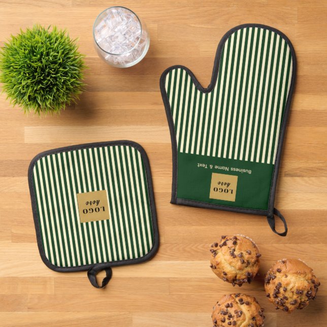 Custom Green & Cream Stripe Oven Mitt & Pot Holder Set (Top Down)
