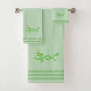 Custom Green Dragon & Three Stripes on Light Green Bath Towel Set