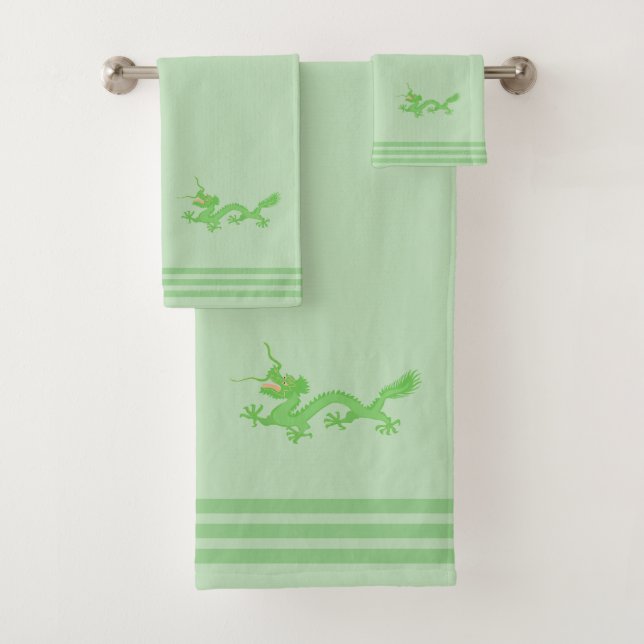 Custom Green Dragon & Three Stripes on Light Green Bath Towel Set (Insitu)