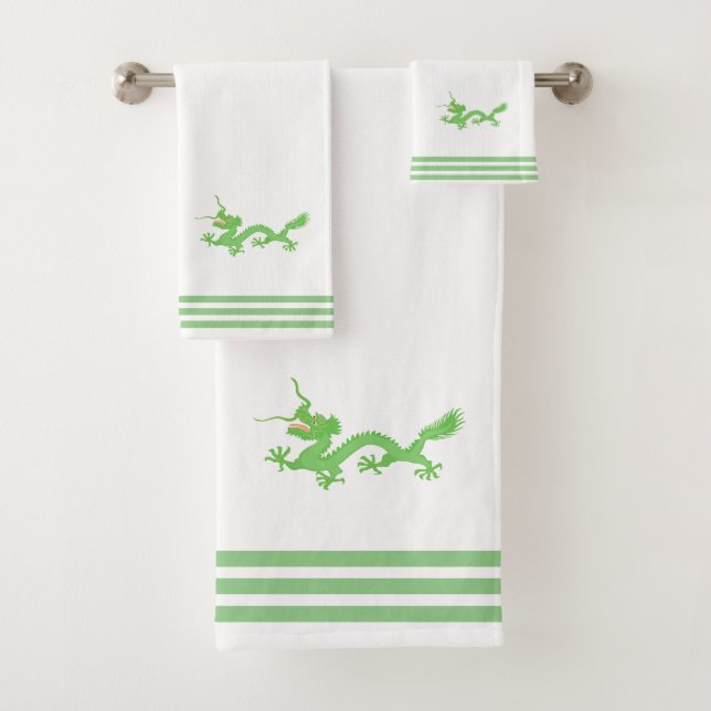 Custom Green Dragon & Three Stripes on White Bath Towel Set (Insitu)
