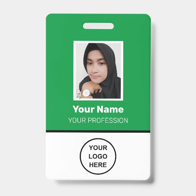 Custom Green Employee Photo, Bar Code, Logo, Name ID Badge (Front)