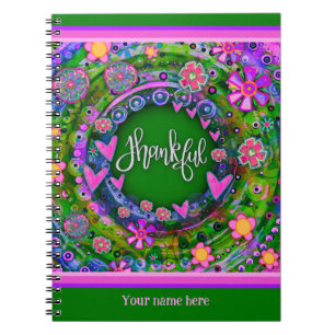 Custom Green Floral Hearts Thankful Fun Colourful Notebook