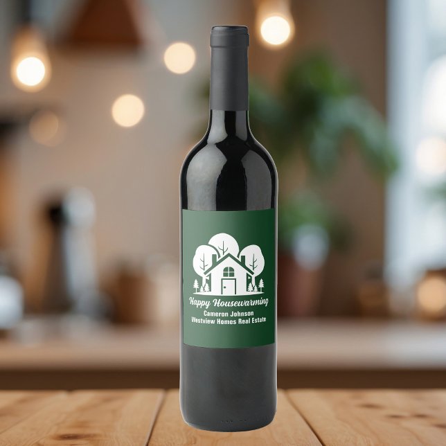 Custom Green Forest Happy Housewarming Gift Wine Label (Creator Uploaded)