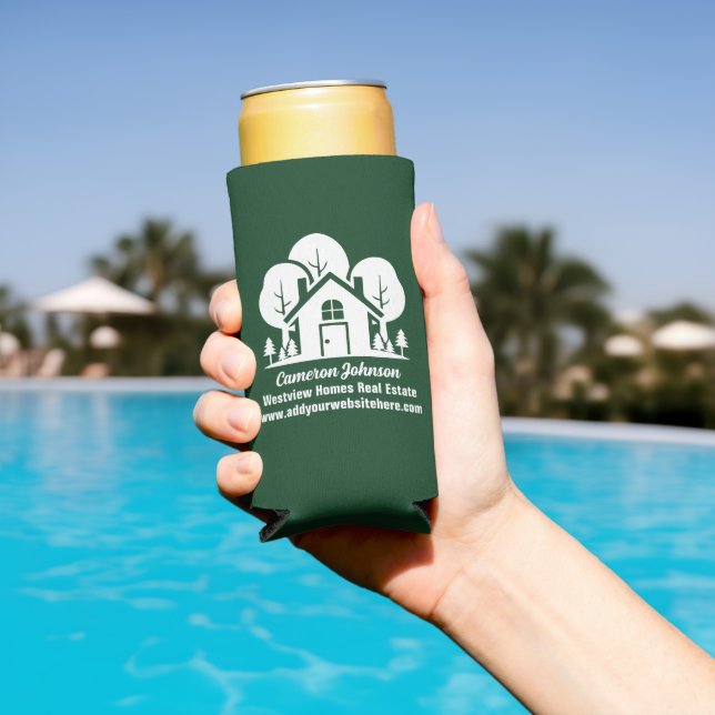 Custom Green Forest House Real Estate Company Seltzer Can Cooler (In Situ Pool)