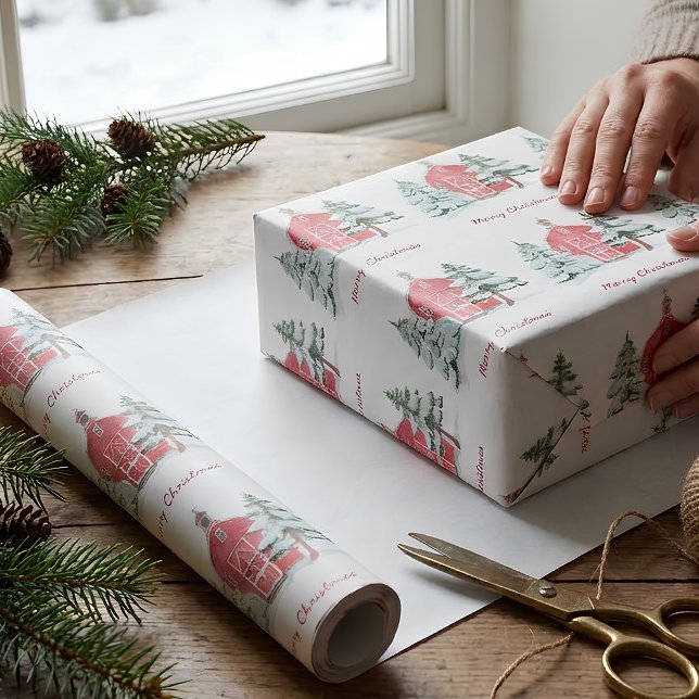 Custom Green Forest Red Barn Pine Christmas Tree Wrapping Paper (Creator Uploaded)