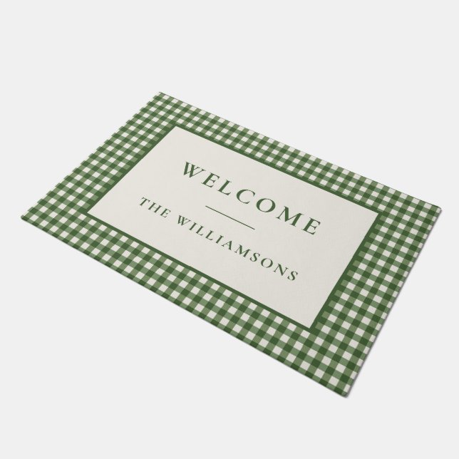 Custom Green Gingham Plaid Christmas Holiday  Doormat (Angled)