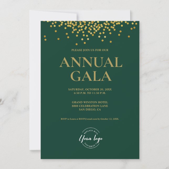 Custom green Gold confetti logo Gala corporate Invitation (Front)