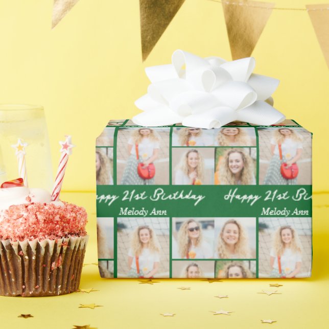 Custom Green Happy Birthday Photo Collage Wrapping Paper (Birthday Party)