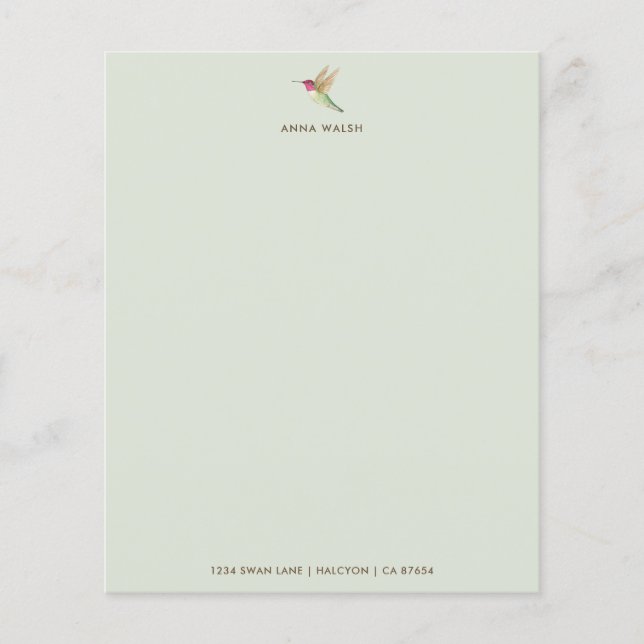 Custom Green Hummingbird Stationery Paper (Front)