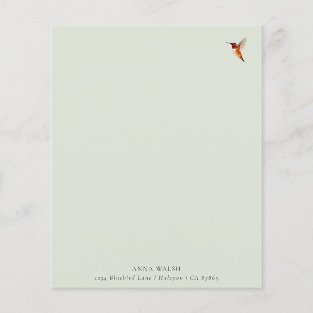 Custom Green Hummingbird Stationery Paper (Front)