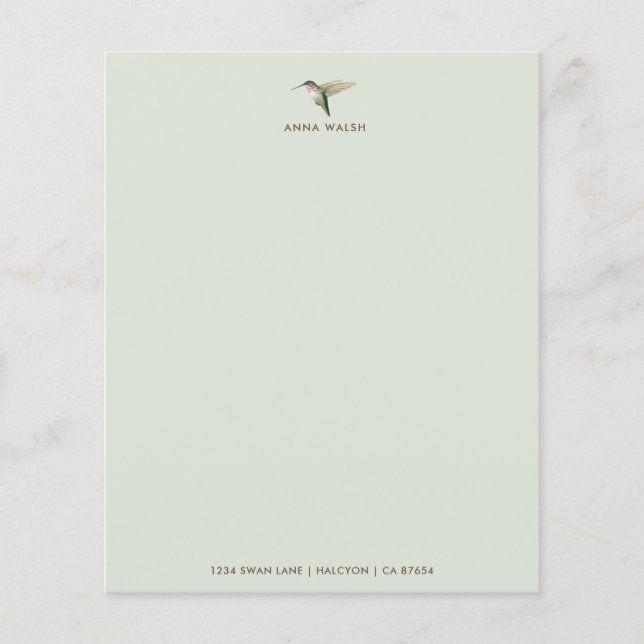 Custom Green Hummingbird Stationery Paper (Front)