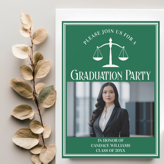 Custom Green Law School Graduation Photo Party Invitation (Creator Uploaded)