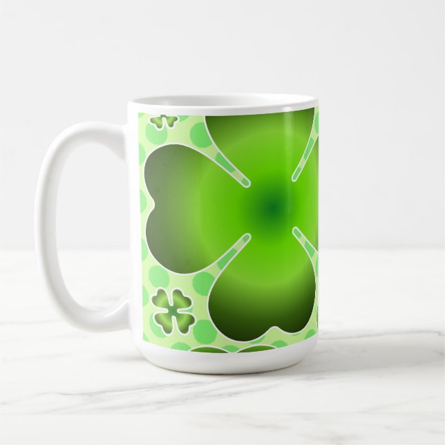 Custom Green Lucky Clover Pattern Gift Coffee Mug (Left)