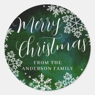 Custom Green Merry Christmas Snowflake Stickers