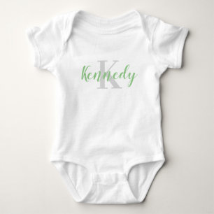 Custom Green Name and Grey Initial Baby T-Shirt Bodysuit